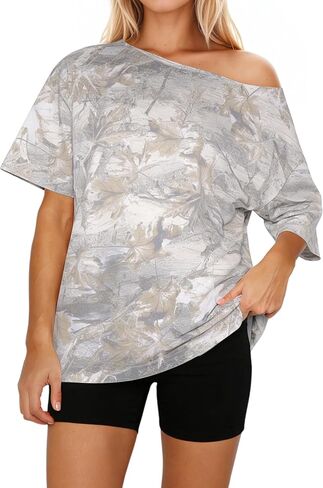 MSBESYOR Women Off The Shoulder Camo T Shirt Camouflage Print Short Sleeve Tee Shirt Summer Oversized Boat Neck Shirts Top in Saudi Arabia