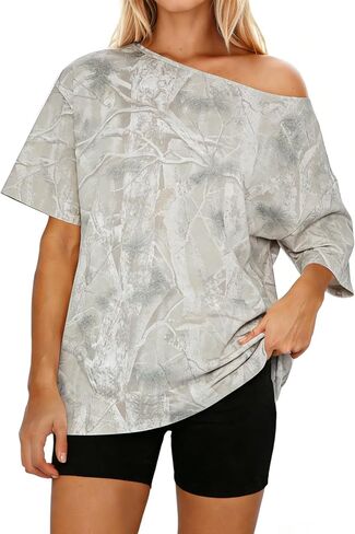 MSBESYOR Women Off The Shoulder Camo T Shirt Camouflage Print Short Sleeve Tee Shirt Summer Oversized Boat Neck Shirts Top in Saudi Arabia