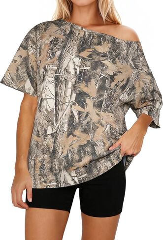 MSBESYOR Women Off The Shoulder Camo T Shirt Camouflage Print Short Sleeve Tee Shirt Summer Oversized Boat Neck Shirts Top in Saudi Arabia