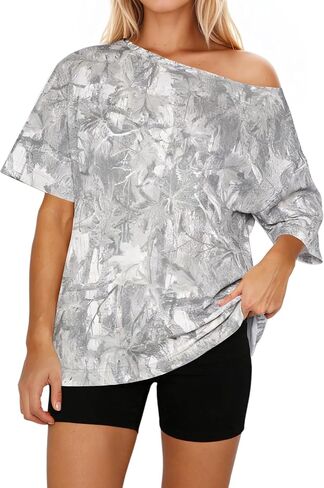 MSBESYOR Women Off The Shoulder Camo T Shirt Camouflage Print Short Sleeve Tee Shirt Summer Oversized Boat Neck Shirts Top in Saudi Arabia