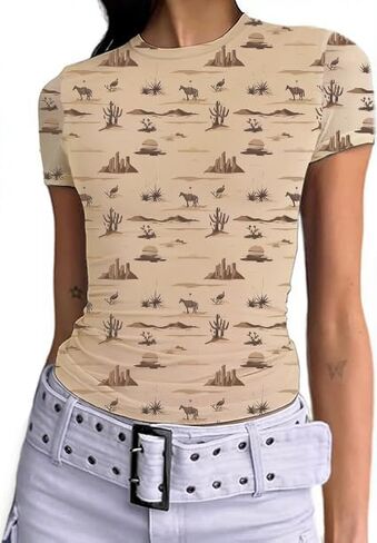 Cowgirl Shirts for Women Western all over Graphic Slim Fit Mesh T Shirt Vintage Desert Casual Tee Tops in Kuwait