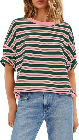LAMISSCHE Womens Striped Shirt Short Sleeve Tops Summer Oversized Tshirts Boxy Tee Shirts Loose Fit in Saudi Arabia