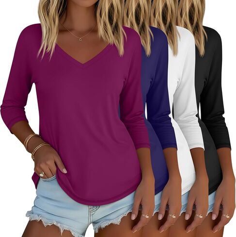 4 Pack Women's 3/4 Length Sleeve T Shirts V Neck Tops Casual Basic Summer Tunic Blouses Loose Fit 2026 Trendy Tees in Saudi Arabia