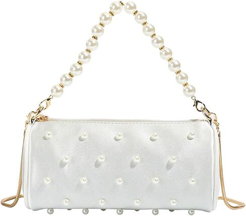 White Purses For Women Trendy Pearl Purse Evening Bag Small Pearl Chain Strap Crossbody Bags Cute Cylinder Bag in Saudi Arabia