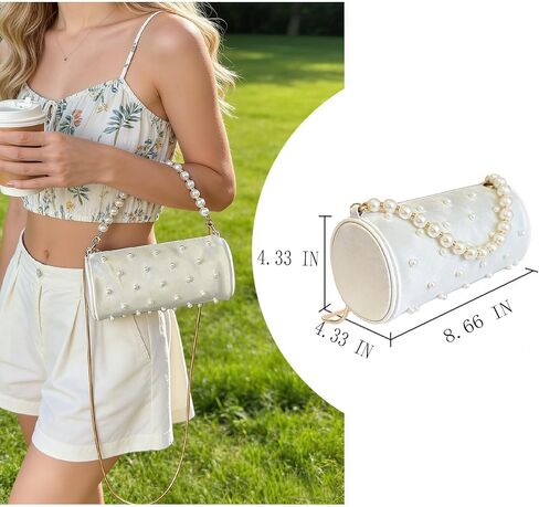 White Purses For Women Trendy Pearl Purse Evening Bag Small Pearl Chain Strap Crossbody Bags Cute Cylinder Bag in Saudi Arabia