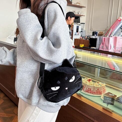 Cute Plush Black Cat Shoulder Bag, Crossbody Bag, Kawaii Animal Purse with Zipper for Women in Saudi Arabia