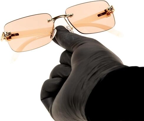 Luxury Gold Frame Unisex Rectangular Rimless Pink Tint Lens Retro 90's Stylish Leopard Head Hip Hop Sun Glasses Frameless Square White Arm Buffs Summer Shades Sunglasses For Men And Women in Kuwait