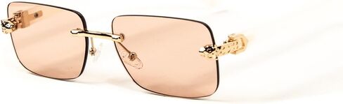 Luxury Gold Frame Unisex Rectangular Rimless Pink Tint Lens Retro 90's Stylish Leopard Head Hip Hop Sun Glasses Frameless Square White Arm Buffs Summer Shades Sunglasses For Men And Women in Kuwait