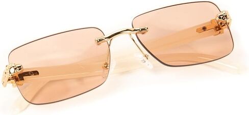 Luxury Gold Frame Unisex Rectangular Rimless Pink Tint Lens Retro 90's Stylish Leopard Head Hip Hop Sun Glasses Frameless Square White Arm Buffs Summer Shades Sunglasses For Men And Women in Kuwait