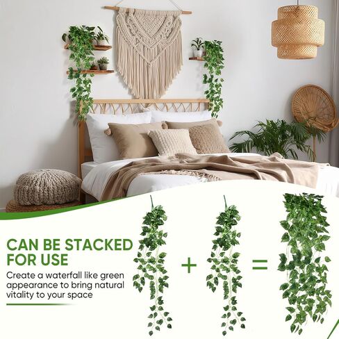 3 Pcs Fake Hanging Plants Vines Artificial Pothos Faux Ivy Greenery Ideal for Wall Shelf Home Bedroom Living Room Office Patio Garden Indoor Outdoor Decor in Kuwait
