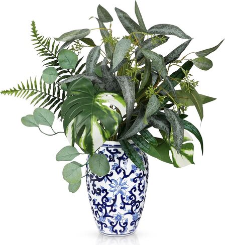 22" Realistic Faux Greenery Plants Stems in Blue White Ceramic Vase in Saudi Arabia