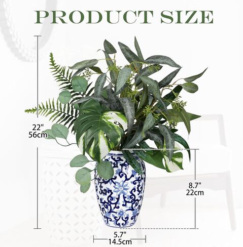 22" Realistic Faux Greenery Plants Stems in Blue White Ceramic Vase in Saudi Arabia