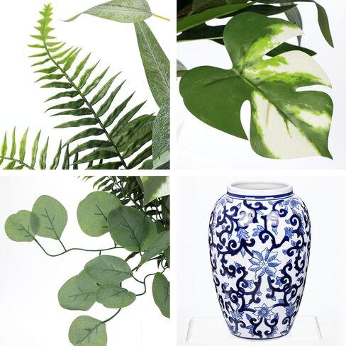 22" Realistic Faux Greenery Plants Stems in Blue White Ceramic Vase in Saudi Arabia
