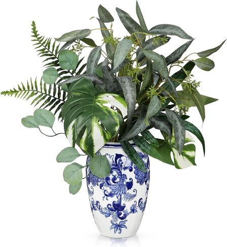 22" Realistic Faux Greenery Plants Stems in Blue White Ceramic Vase in Saudi Arabia