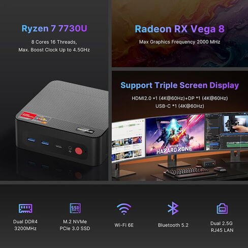P3 Plus Mini PC Gaming Ryzen 7 7840HS ، Pre-installes 11 Pro-OS ، قناة مزدوجة 32 جيجا بايت DDR5 ، 1TB M.2 2880 NVME SSD ، شاشات ثلاثية ، LAN المزدوجة ، Wi-Fi 6 ، BT 5.2 in Kuwait