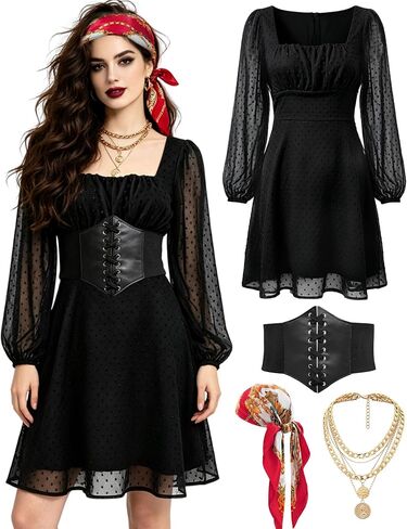 kasahara Pirate Costume Outfit Women Renaissance Chiffon Dress with Black Pirate Corset Bandana Necklace in Saudi Arabia