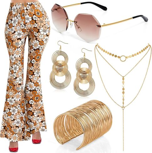 Shihanee 5 Pcs Women 60s 70s Hippie Costume Disco Outfit Accessories Floral Flared Pants Necklace Earrings Bracelet Glasses in Kuwait