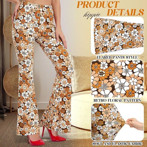 Shihanee 5 Pcs Women 60s 70s Hippie Costume Disco Outfit Accessories Floral Flared Pants Necklace Earrings Bracelet Glasses in Kuwait