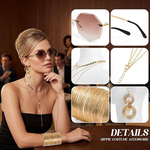 Shihanee 5 Pcs Women 60s 70s Hippie Costume Disco Outfit Accessories Floral Flared Pants Necklace Earrings Bracelet Glasses in Kuwait