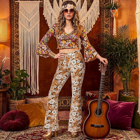 Shihanee 5 Pcs Women 60s 70s Hippie Costume Disco Outfit Accessories Floral Flared Pants Necklace Earrings Bracelet Glasses in Kuwait