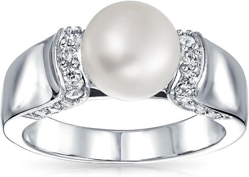 Bling Jewelry Art Deco Style Pave CZ Solitaire White Freshwater Cultured Pearl Engagement Ring For Women Silver Plated Brass in Kuwait