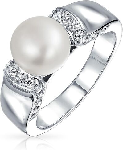 Bling Jewelry Art Deco Style Pave CZ Solitaire White Freshwater Cultured Pearl Engagement Ring For Women Silver Plated Brass in Kuwait