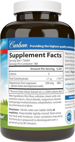 Carlson Buffered Magnesium Glycinate 200 mg, High Absorption Magnesium Supplement, Supports Relaxation, Sleep & Muscle Function, 180 Tablets in Kuwait