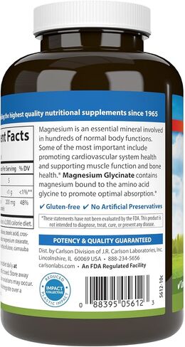 Carlson Buffered Magnesium Glycinate 200 mg, High Absorption Magnesium Supplement, Supports Relaxation, Sleep & Muscle Function, 180 Tablets in Kuwait