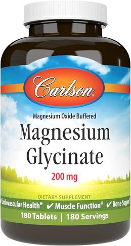 Carlson Buffered Magnesium Glycinate 200 mg, High Absorption Magnesium Supplement, Supports Relaxation, Sleep & Muscle Function, 180 Tablets in Kuwait