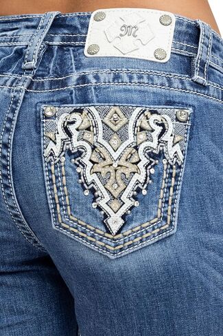 Miss Me Women's Baroque Diamond Embellished Pockets Mid-Rise Bootcut Jeans in Kuwait