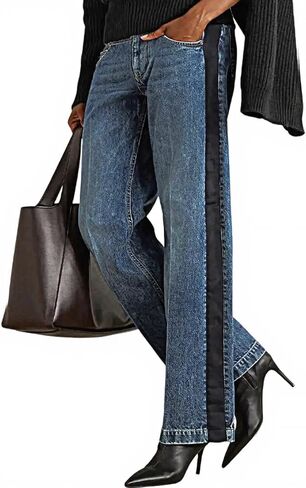 Women's High Waisted Wide Leg Jeans with Contrast Side Panel, Straight Leg Denim Pants, Tummy Control, Blue in Kuwait