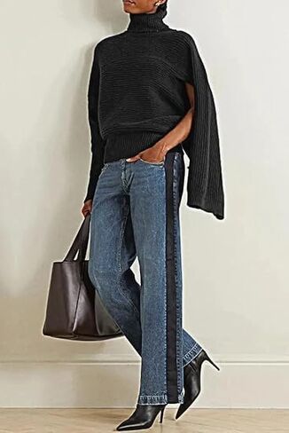 Women's High Waisted Wide Leg Jeans with Contrast Side Panel, Straight Leg Denim Pants, Tummy Control, Blue in Kuwait