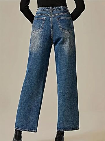 Women's High Waisted Wide Leg Jeans with Contrast Side Panel, Straight Leg Denim Pants, Tummy Control, Blue in Kuwait