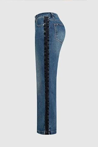 Women's High Waisted Wide Leg Jeans with Contrast Side Panel, Straight Leg Denim Pants, Tummy Control, Blue in Kuwait