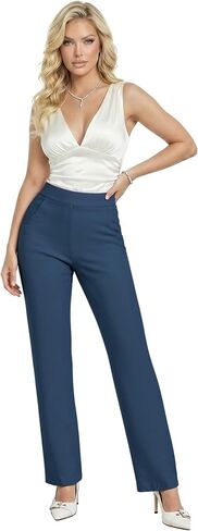 Hybrid & Company Women’s Ultra Stretch Ponte Straight Leg Pants Mid-Rise, Pull On, Faux Pockets Casual & Office Wear in Kuwait