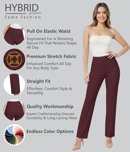 Hybrid & Company Women’s Ultra Stretch Ponte Straight Leg Pants Mid-Rise, Pull On, Faux Pockets Casual & Office Wear in Kuwait