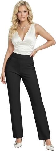 Hybrid & Company Women’s Ultra Stretch Ponte Straight Leg Pants Mid-Rise, Pull On, Faux Pockets Casual & Office Wear in Kuwait