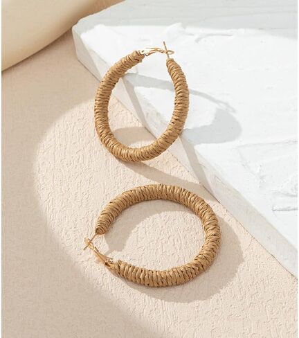 Rattan hoop Earrings Boho Raffia Woven Wicker Hoop Earrings Handmade Fashion Retro Rattan Earrings for Women Big Circle Dangle Earrings in Kuwait