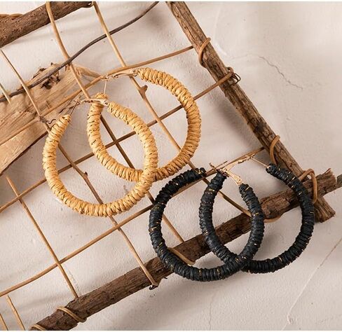 Rattan hoop Earrings Boho Raffia Woven Wicker Hoop Earrings Handmade Fashion Retro Rattan Earrings for Women Big Circle Dangle Earrings in Kuwait
