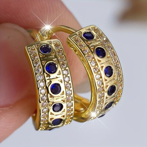 Gold Color Hoop Earrings with Round Blue Cubic Zirconia Luxury Jewelry for Women in Kuwait