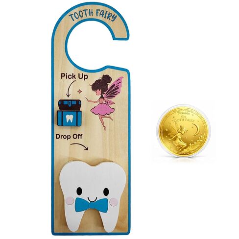 Tooth Fairy Door Hanger with Tooth Case, Wooden Money Holder, Tooth Coins Included, Lost Tooth Gift for Kids (Blue) in Kuwait