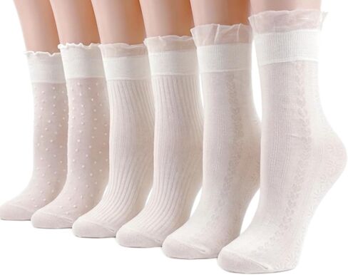 6 Pairs White Ruffle Socks For Women, Cute Frilly Sheer Lace Socks | Thin, Breathable, Mesh Ankle Socks for Loafers, Mary Janes & Flats, Cute Polka Dot, Stripe & Heart Patterns in Saudi Arabia
