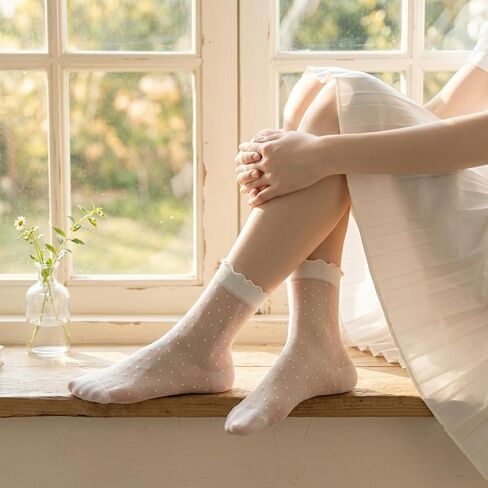 6 Pairs White Ruffle Socks For Women, Cute Frilly Sheer Lace Socks | Thin, Breathable, Mesh Ankle Socks for Loafers, Mary Janes & Flats, Cute Polka Dot, Stripe & Heart Patterns in Saudi Arabia