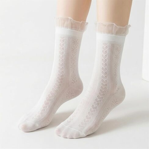 6 Pairs White Ruffle Socks For Women, Cute Frilly Sheer Lace Socks | Thin, Breathable, Mesh Ankle Socks for Loafers, Mary Janes & Flats, Cute Polka Dot, Stripe & Heart Patterns in Saudi Arabia