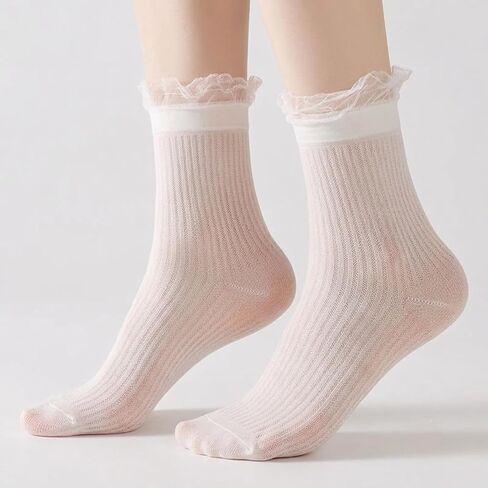 6 Pairs White Ruffle Socks For Women, Cute Frilly Sheer Lace Socks | Thin, Breathable, Mesh Ankle Socks for Loafers, Mary Janes & Flats, Cute Polka Dot, Stripe & Heart Patterns in Saudi Arabia