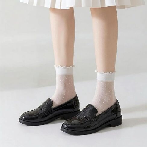 6 Pairs White Ruffle Socks For Women, Cute Frilly Sheer Lace Socks | Thin, Breathable, Mesh Ankle Socks for Loafers, Mary Janes & Flats, Cute Polka Dot, Stripe & Heart Patterns in Saudi Arabia