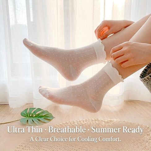 6 Pairs White Ruffle Socks For Women, Cute Frilly Sheer Lace Socks | Thin, Breathable, Mesh Ankle Socks for Loafers, Mary Janes & Flats, Cute Polka Dot, Stripe & Heart Patterns in Saudi Arabia