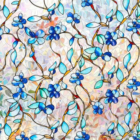 Rainbow Window Privacy Film, Heat & UV Blocking Stained Glass Static Cling with Blue Vine Floral Pattern for Home, Bathroom Window or Door (Installation Tools, 17.5"×78.7") in Saudi Arabia