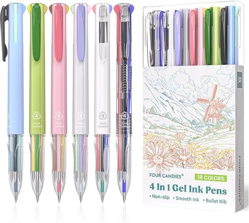 Four Candies 6 PCS Multicolor Pen, 0.5mm Colored Pens, 4-in-1 Multicolor Ink Pens, 18 Colors Retractable Ink Pens for Office, School Supplies in Kuwait