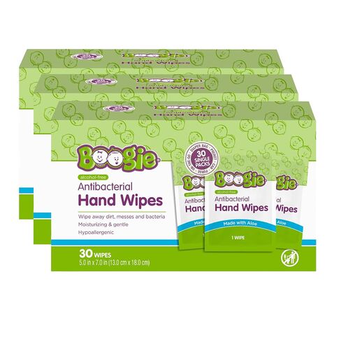 Hand Sanitizer Wipes by Boogie Wipes, Single Packs, Alcohol-Free, Hypoallergenic and Moisturizing Aloe, Boogie Hand Wipes for Adults and Kids, 30 Wipes (Pack of 3) in Kuwait